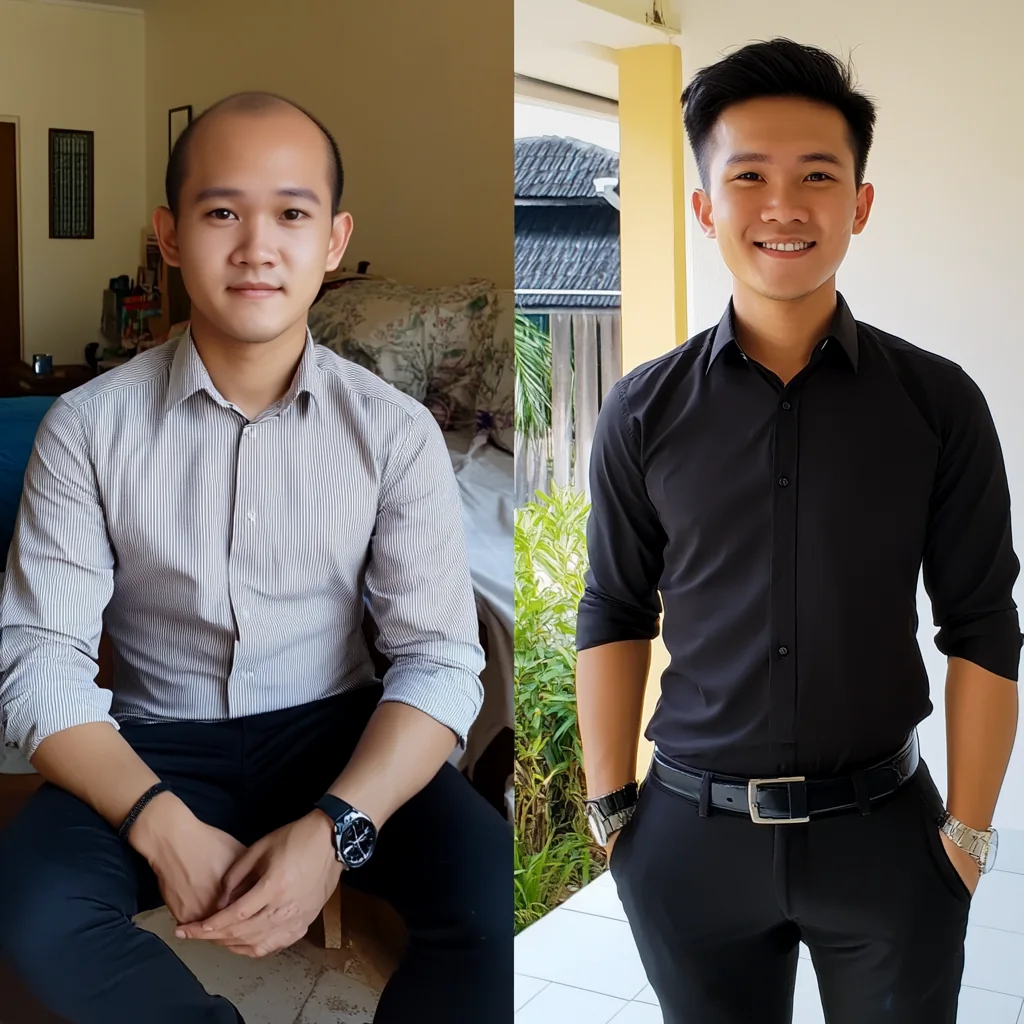 Pelanggan sistem rambut, sebelum dan selepas
