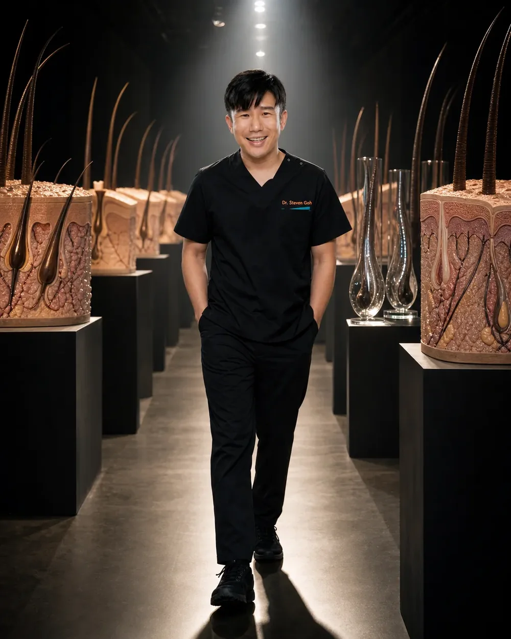 Dr Steven Goh walking through a centre in black scrubs